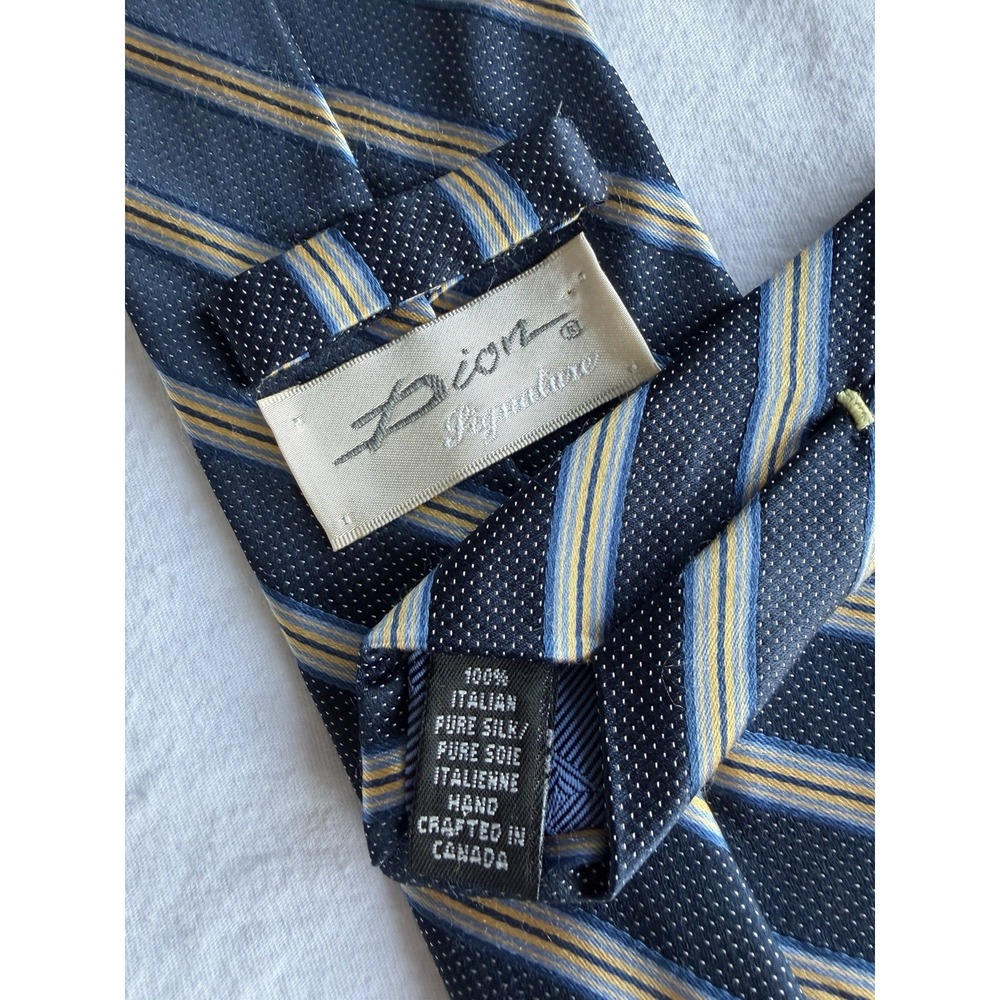 Dion Signature	Navy Mircro Dot Yelllow Striped Repp Italian Silk Tie Necktie
